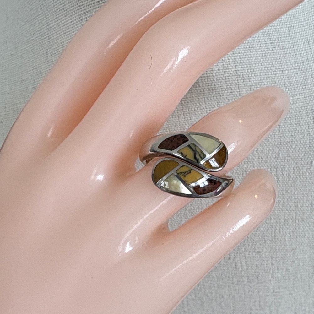 Whitney Kelly Sterling Silver Mother of PearlJasper Inlay Bypass Ring Size 10